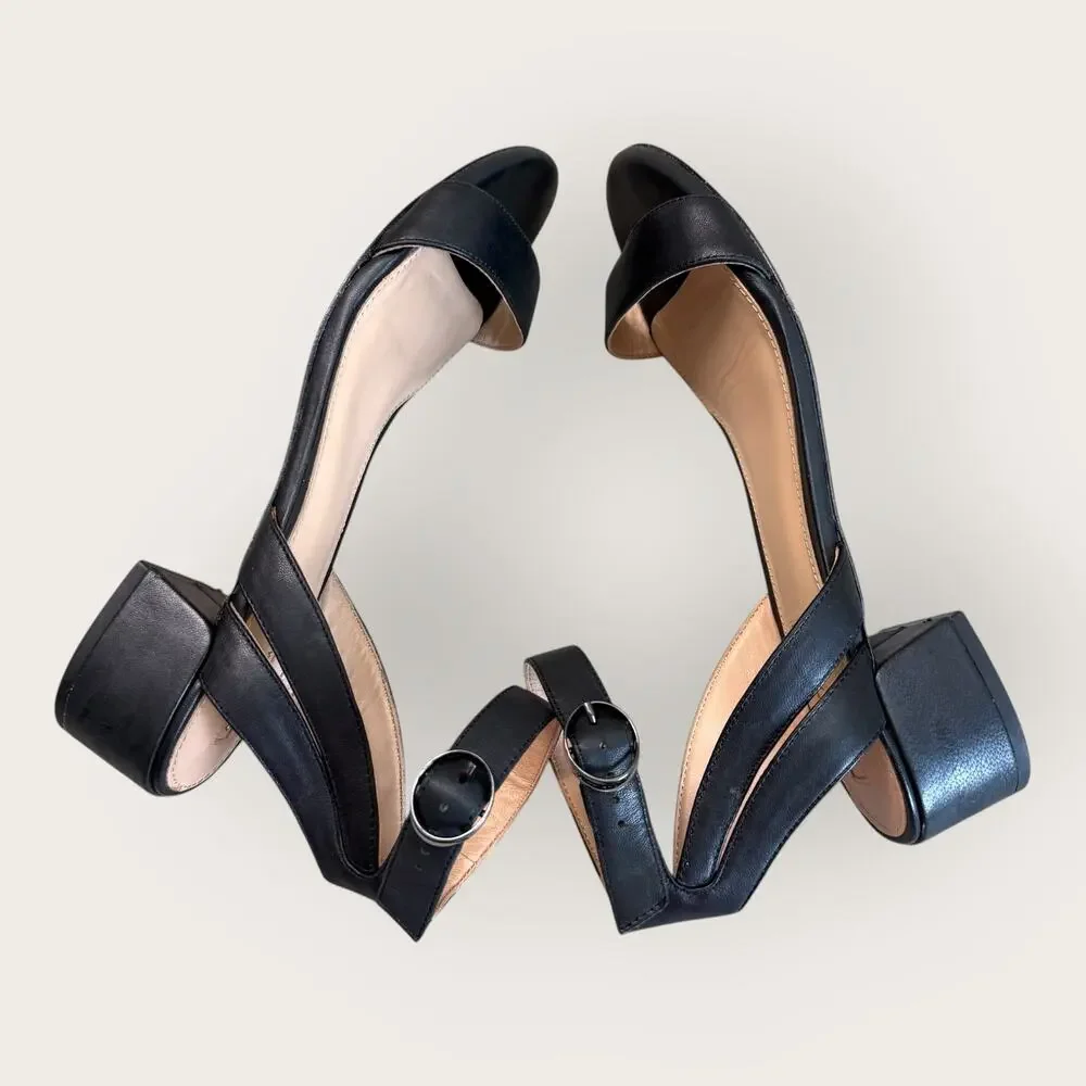 Antonio Melani Black Leather Ankle Strap Dress Sandals Womens 9.5 Low Block Heel - Picture 6 of 10